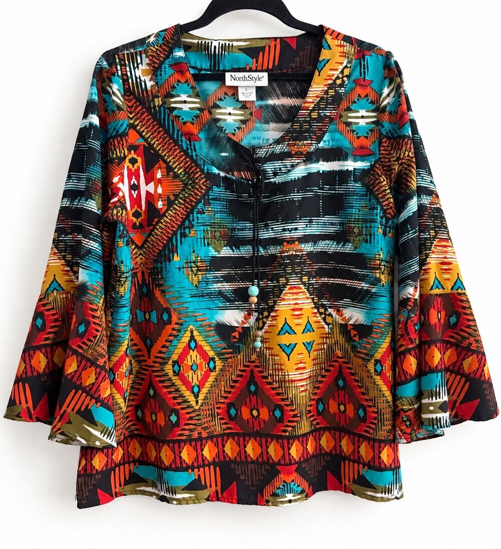 NorthStyle Women’s Large Southwestern Boho Geometric Beaded Tunic Top